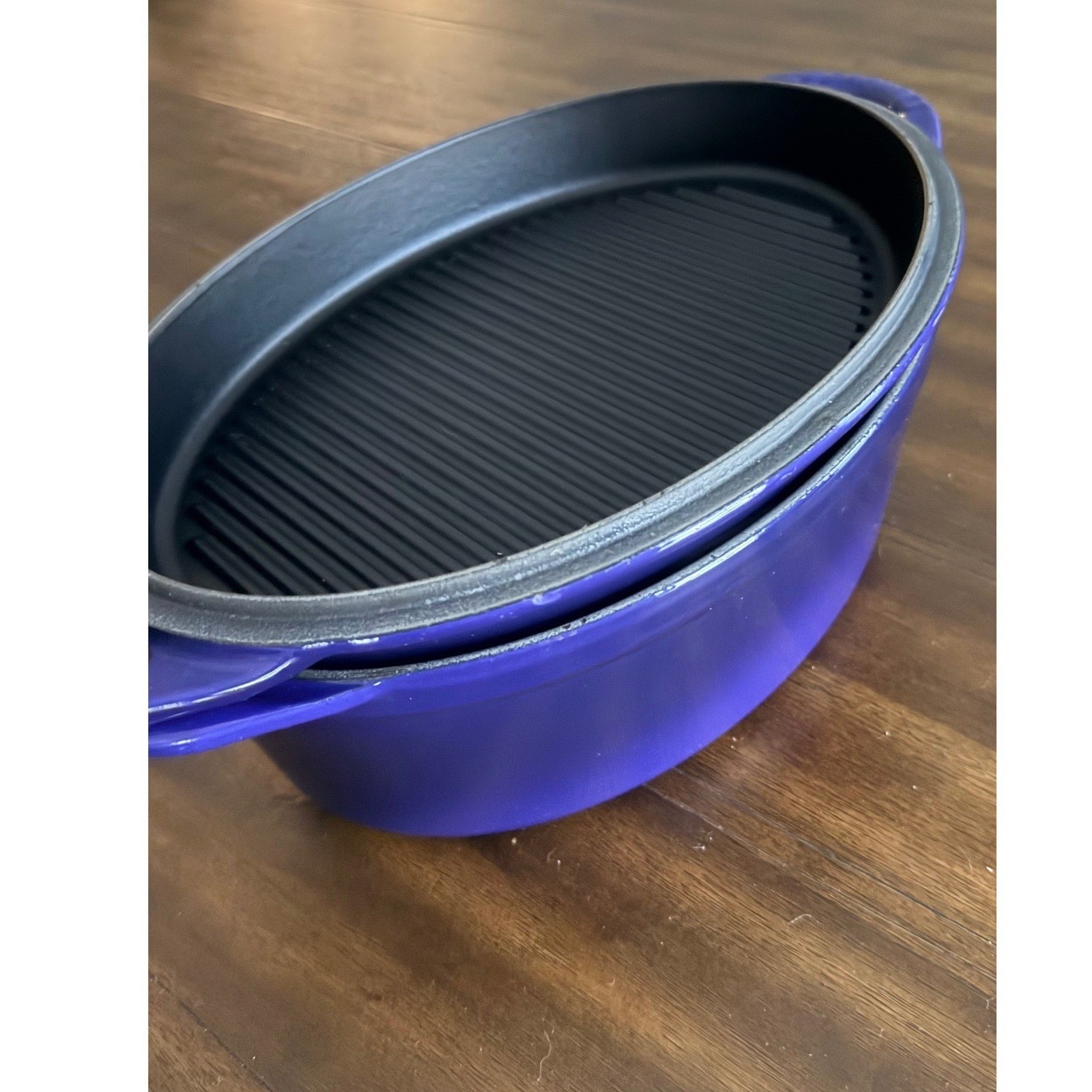 Le Creuset Blue Enameled Cast Iron 2-in-1 Oval Dutch Oven with Grill Pan Lid 28