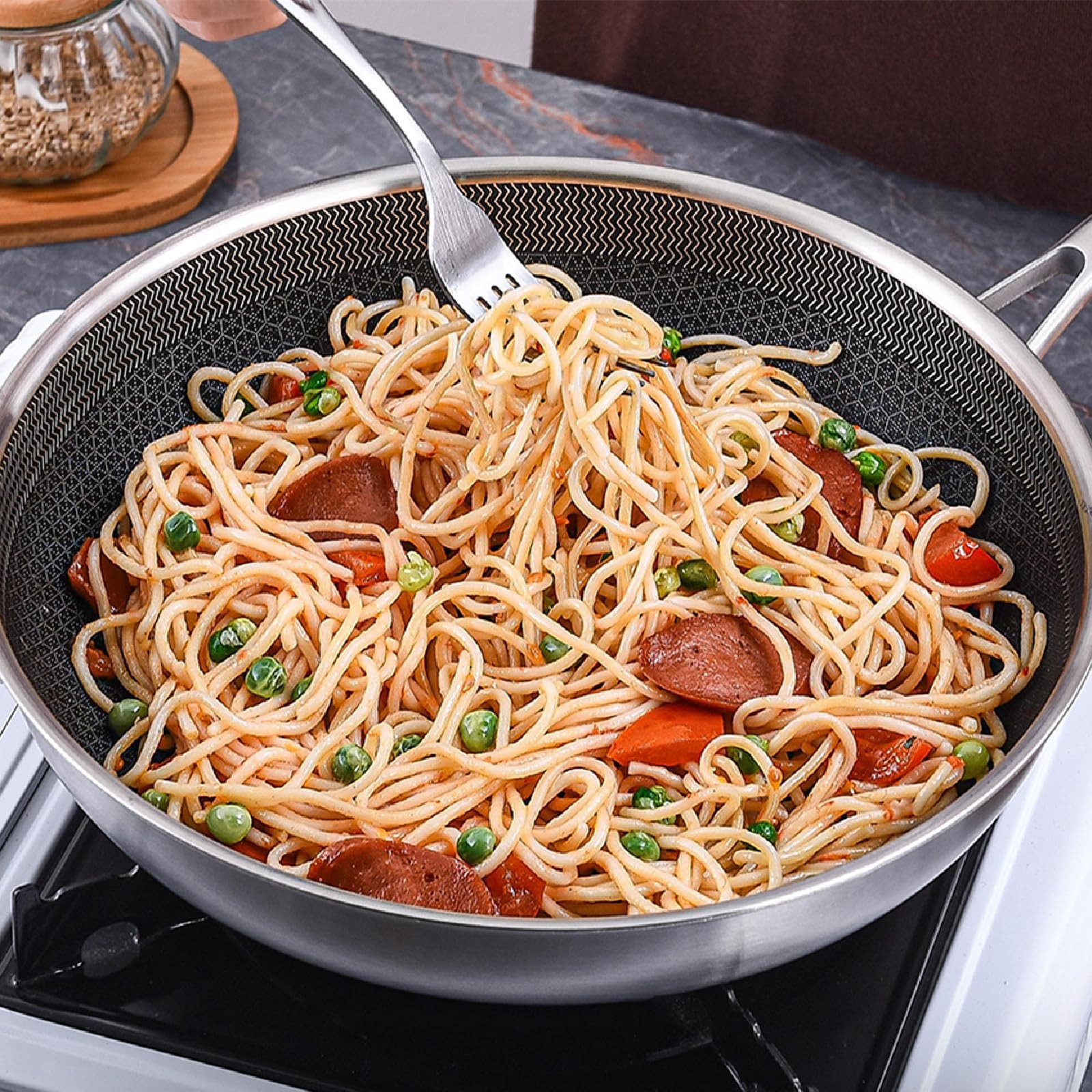 10 In Hybrid Nonstick Stainless Steel Sauté Pan with LidDeep Frying PanSkille…
