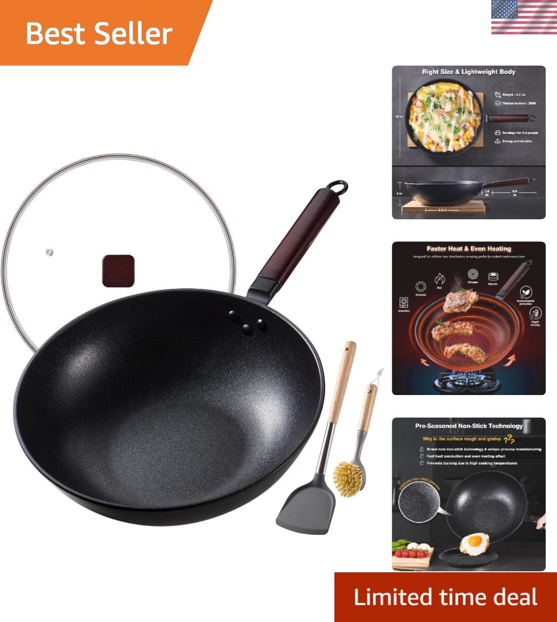 Carbon Steel Wok -13 Inch Woks & Stir-fry Pans Nonstick, Wok Pan with Lid Spa…