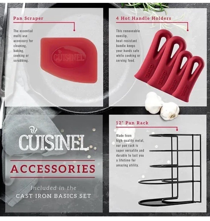 CUISINEL Chef’s Basic 5 Piece Cast Iron Set CB-503 – Black Plus Accessories NEW