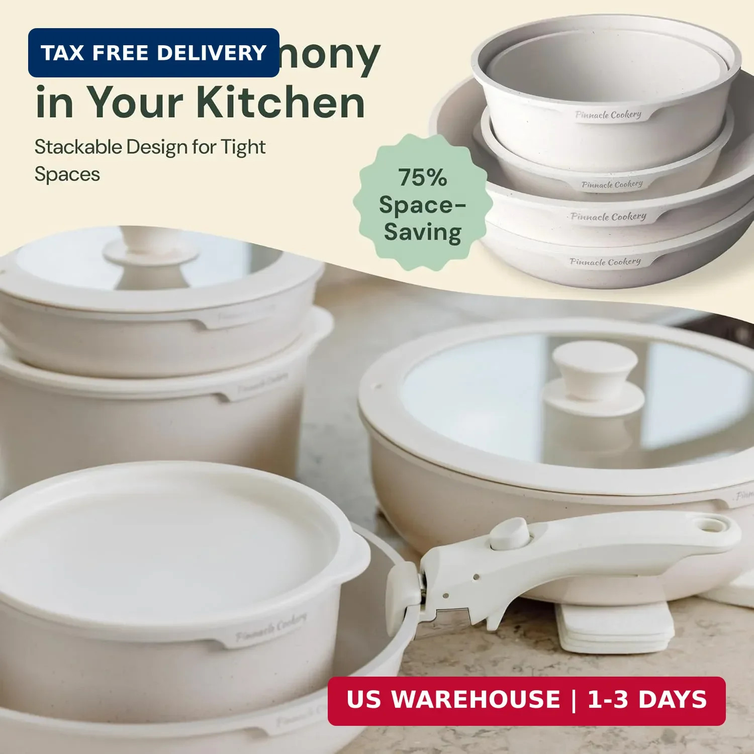 15-Piece White Granite Nonstick Cookware Set – Detachable Handles & Tempered Gla