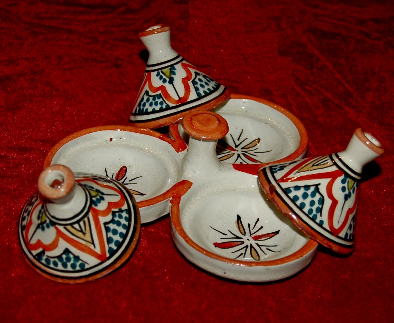 VINTAGE Decorative Miniature TAGINES Folk Art Hand Painted in Safi Morocco 1950s
