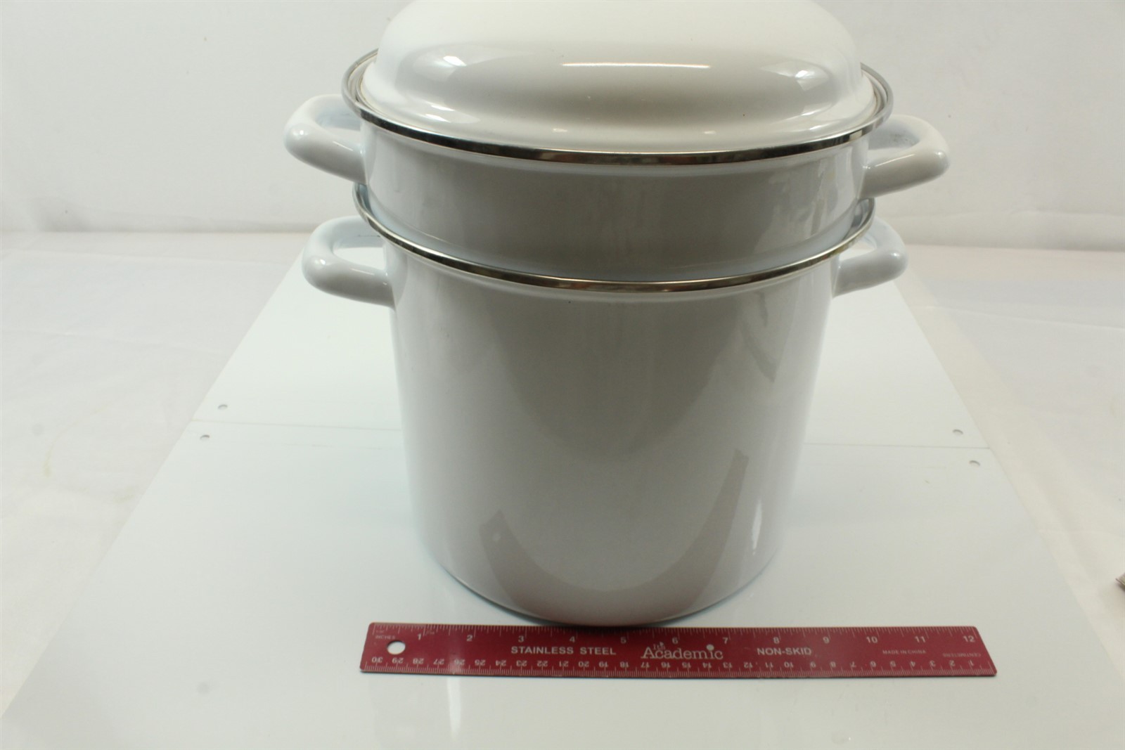 Vintage Porcelain Enameled 8 QT Double Boiler Strainer Stockpot With Lid