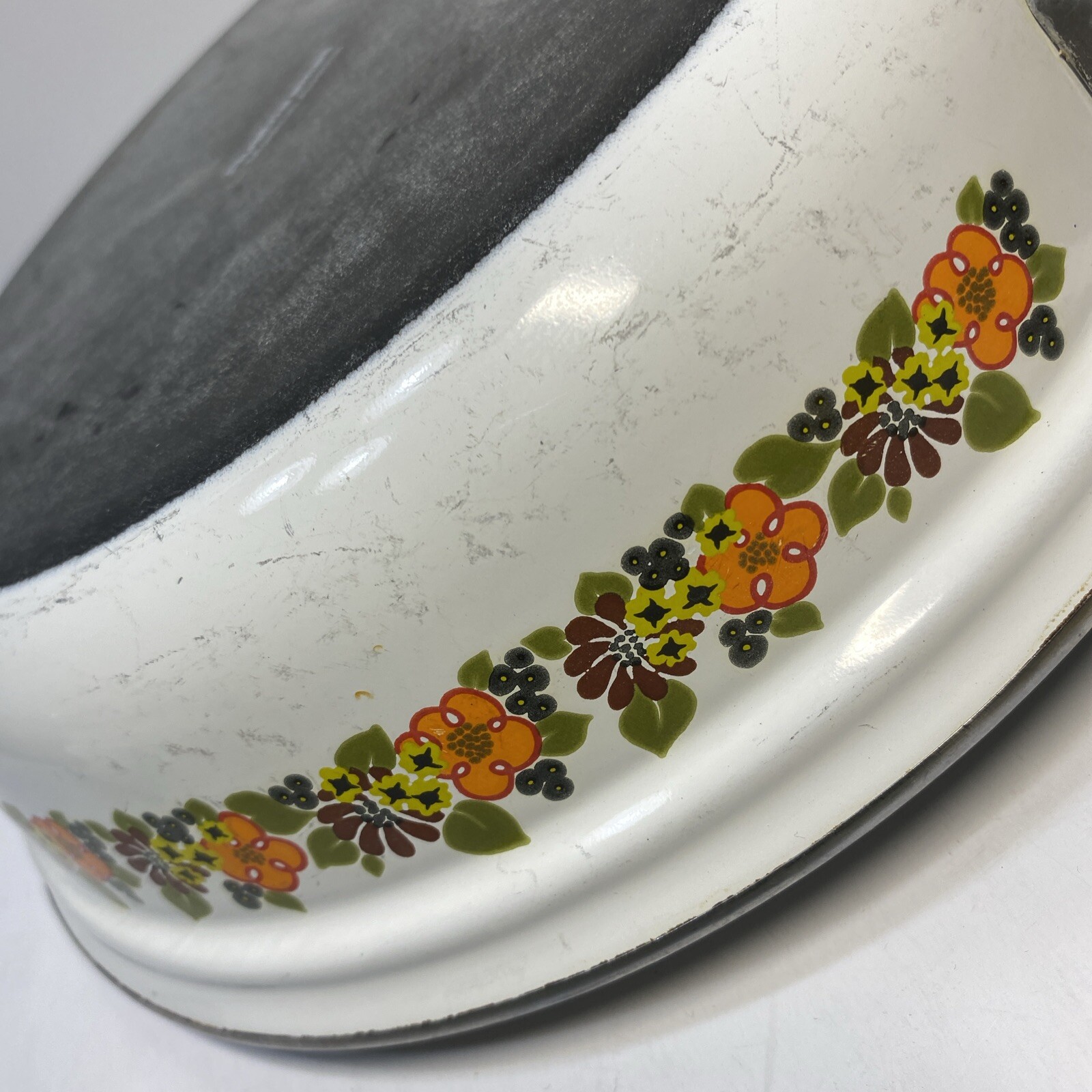 AUSTRIA EMAIL VINTAGE ENAMELWARE 7 PIECE POT & SKILLET SET-Orange Floral Granny