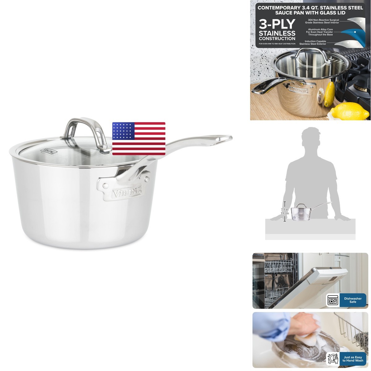 Viking Contemporary 3-Ply Stainless Steel Sauce Pan Glass Lid 3.4 Quart Cooking