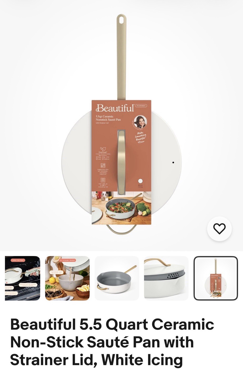 Beautiful 5.5 Quart Ceramic Non-Stick Sauté Pan with Strainer Lid, White Icing