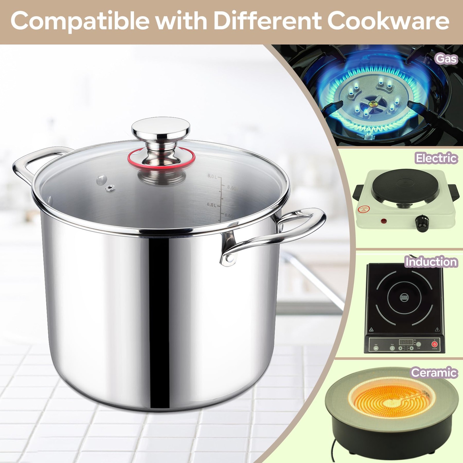 Lianyu 10 Quart Pot Lid 10Qt Tri-Ply Heavy Duty Stock Pot 18/10 Stainless Steel