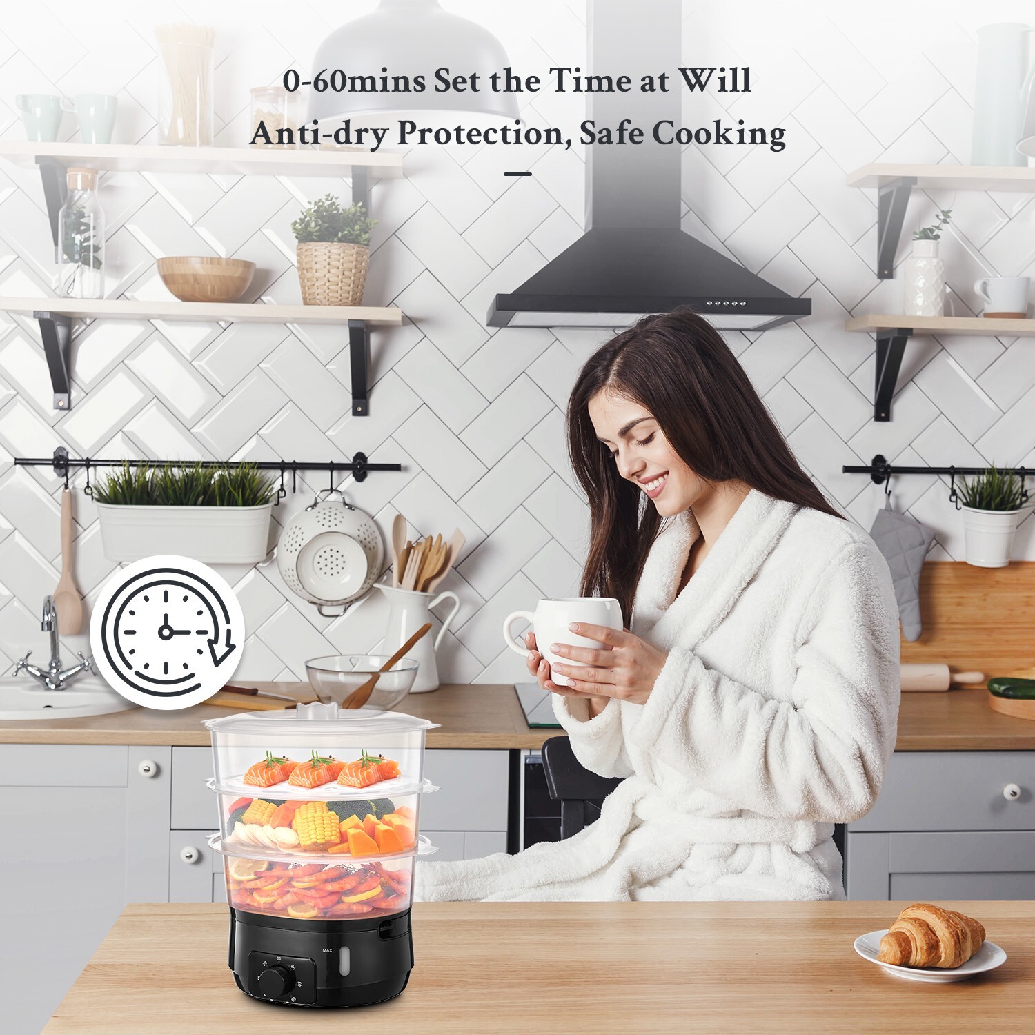 13.7QT Steamer, 3-Tier BPA-Free, 800W, 60-Min Timer, for Veggies & Rice