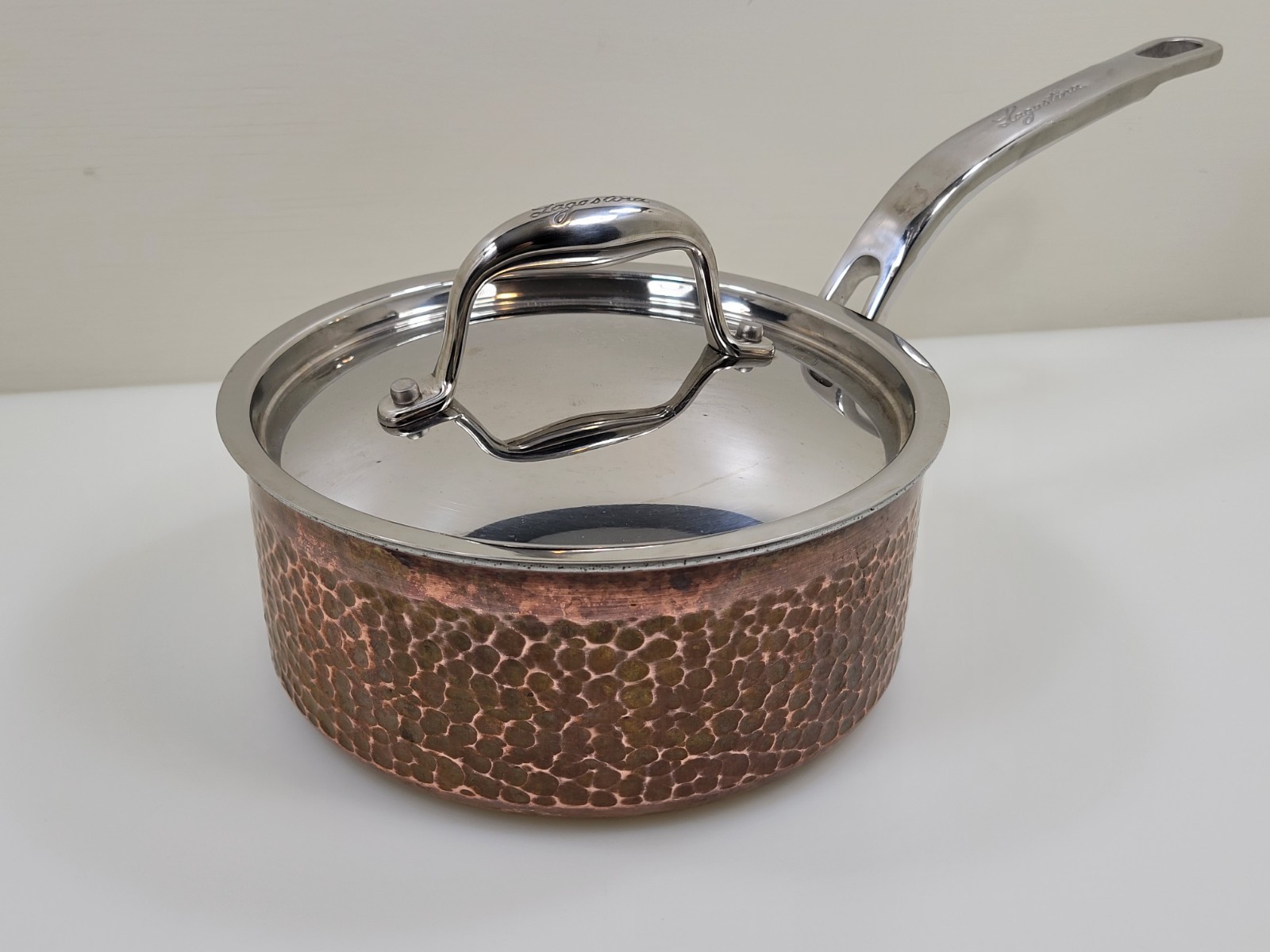 LAGOSTINA ~ Tri-Ply Hammered Copper 2 Quart LIDDED SAUCE PAN Nice Condition