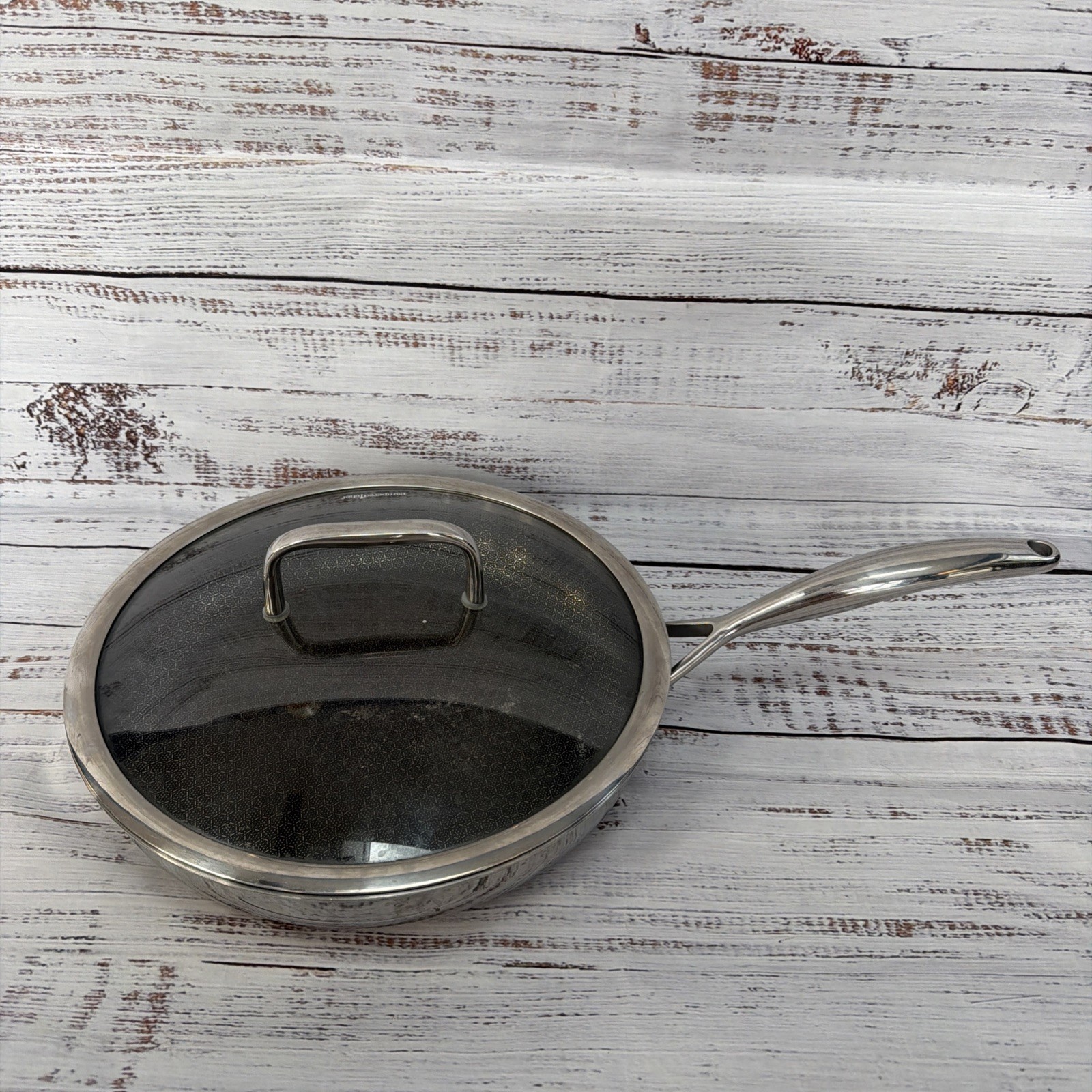 Pampered Chef 12″ Stainless Steel Pan HEX Clad SKILLET w/ GLASS LID!