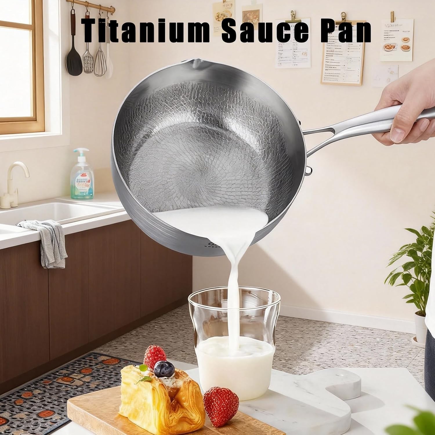 Titanium Saucepan W/ Lid Non-Stick Titanium Pot 500°F Heat Resistant Fast & Even