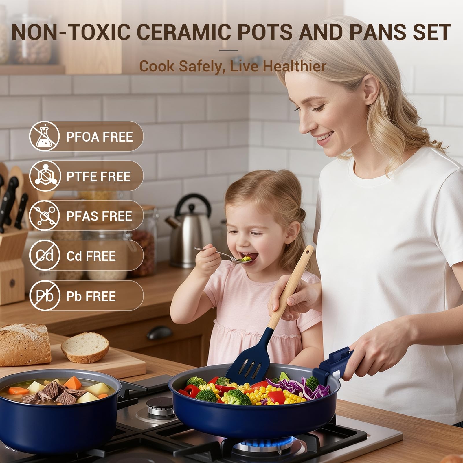 18-Piece Ceramic Pots and Pans Set Non Stick, Non Toxic Cookware Set with Remova