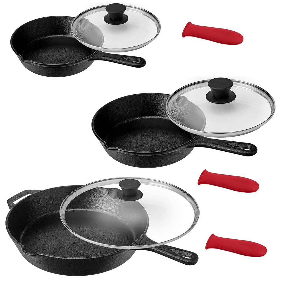 Megachef Mcci-335 Pre-Seasoned 9 Piece Cast Iron Skillet Set Lids And Red