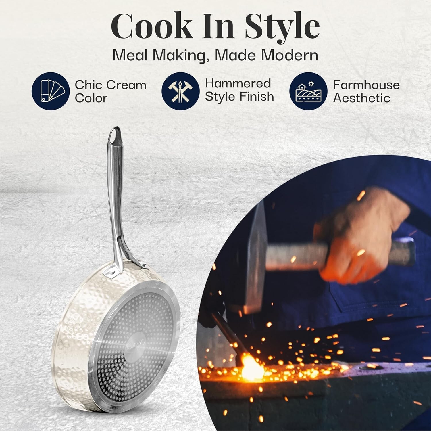Gotham Steel Hammered Cream 10” Ultra Ceramic Nonstick Fry Pan with Lid