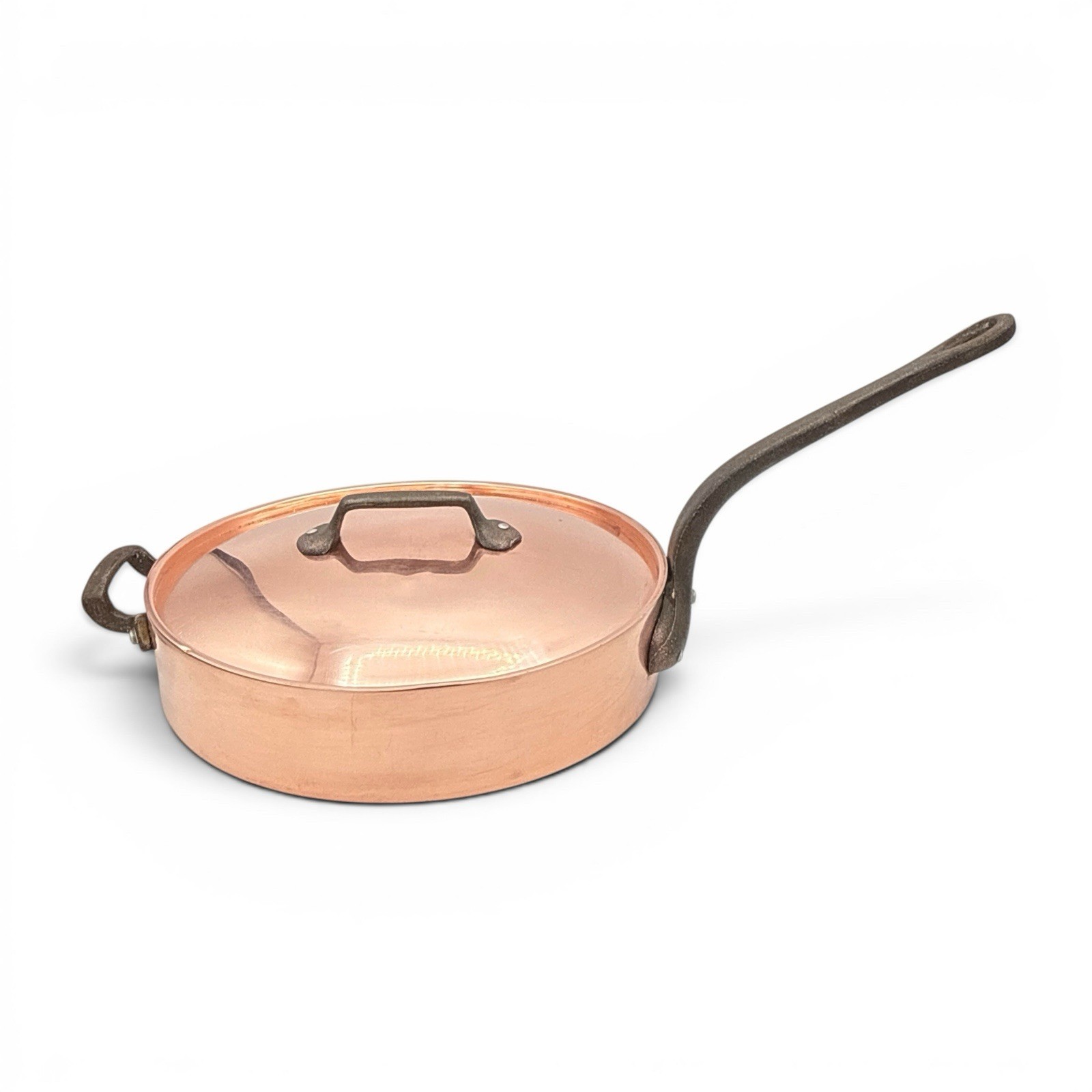Copper 11in Round Frying Pan w/ Lid Wrought Iron Handle 11.25in