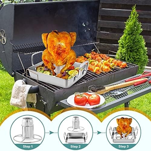 P&P CHEF Beer Can Chicken Holder with Roasting Pan Set, 9-inch Stainless Stee…