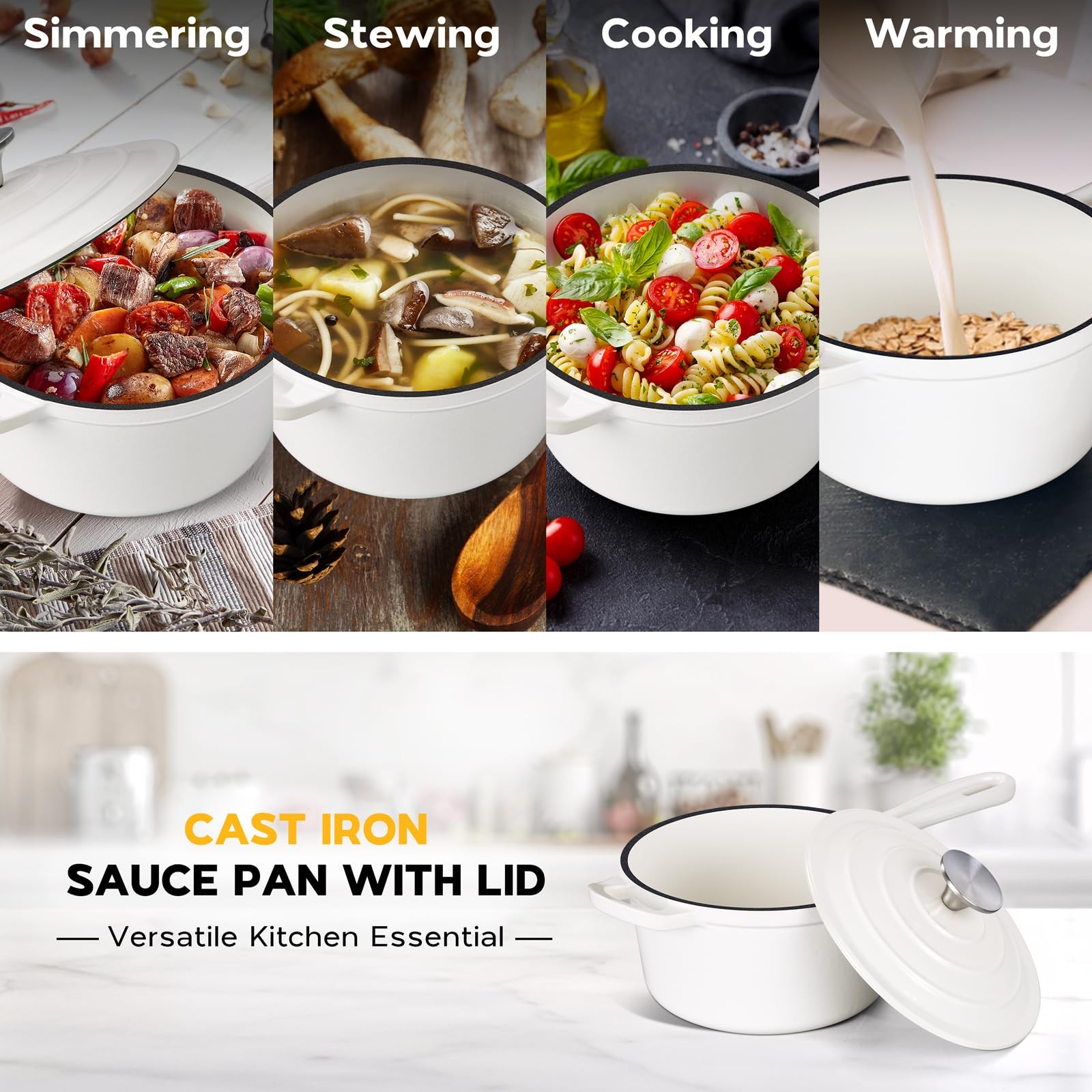 Enameled Cast Iron Saucepan 2 Quart – Oven Safe 500°F, Self Basting Lid