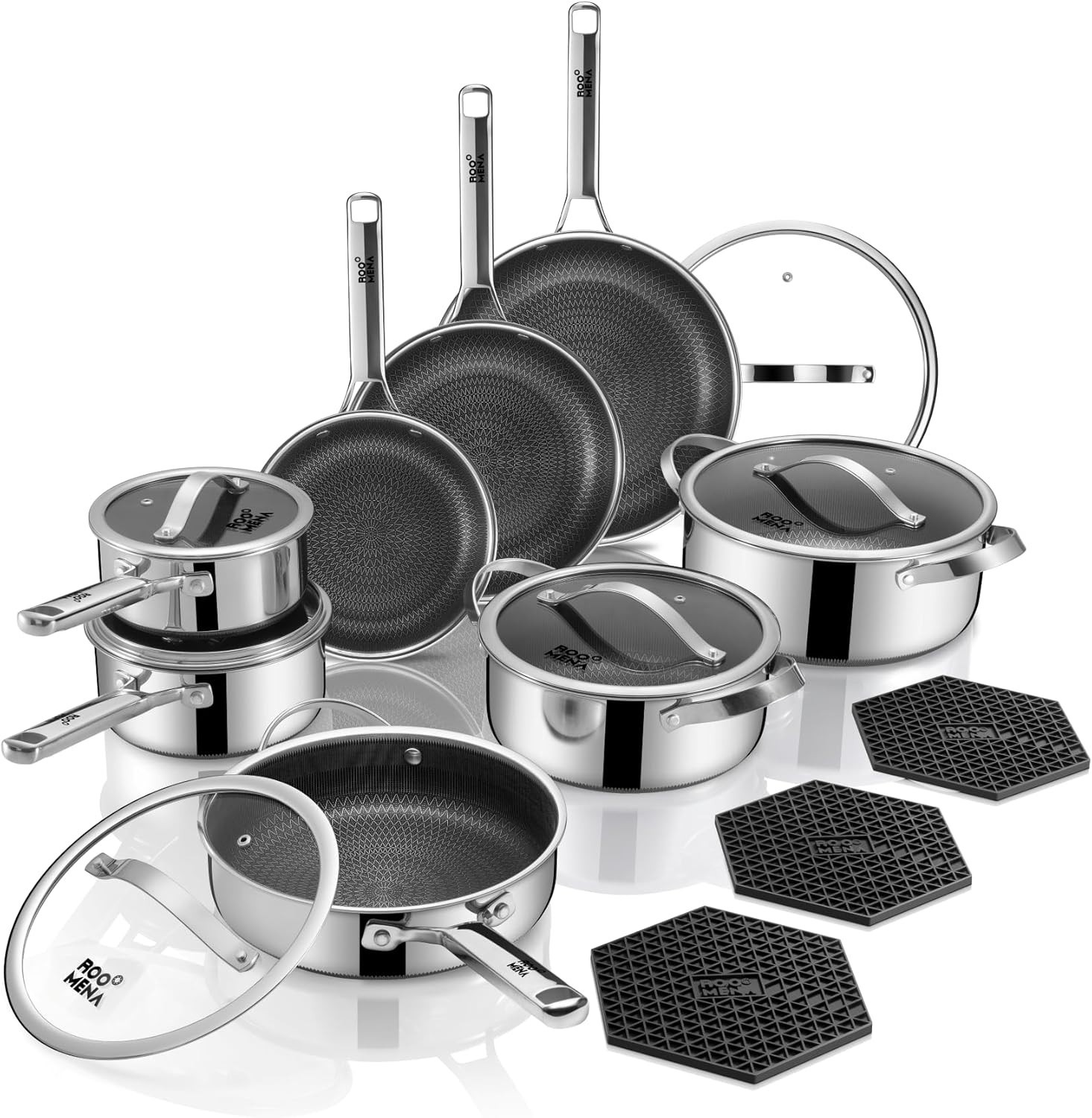 Pots and Pans Set Hybrid Stainless Steel, 17PC Nonstick Tri-Ply Cookware Set w/F
