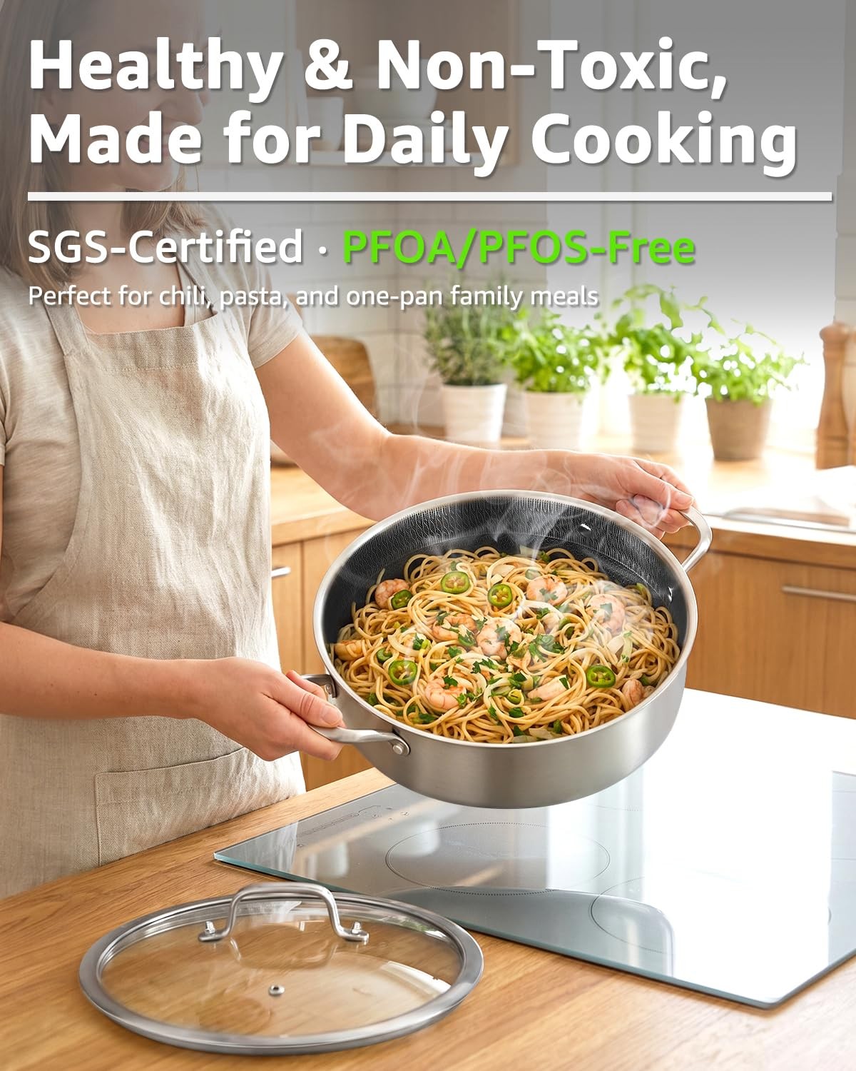 LOLYKITCH 5 QT Hybrid Ceramic Non Stick Tri-Ply Stainless Steel Sauté Pan wit…