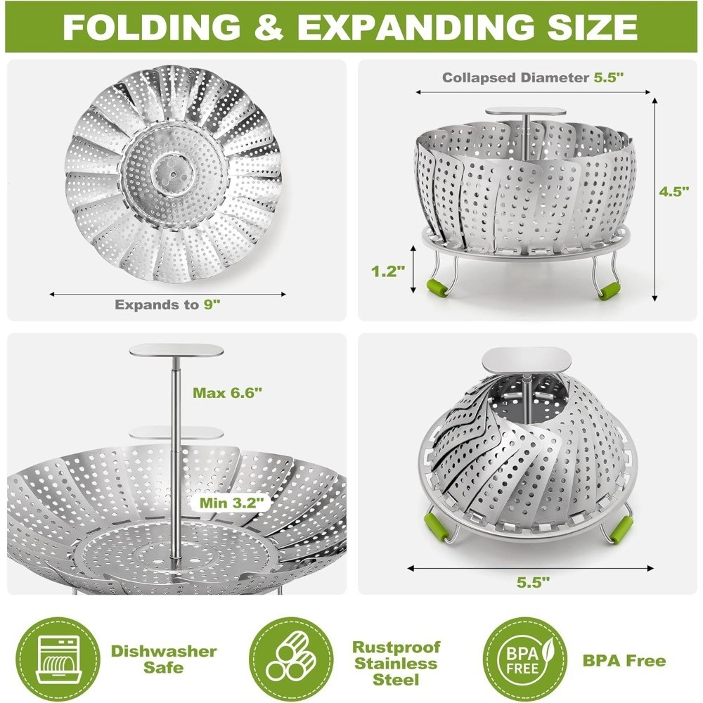 3 Tier Stainless Steel Steamer Basket Expandable Folding Vegetable Insert for