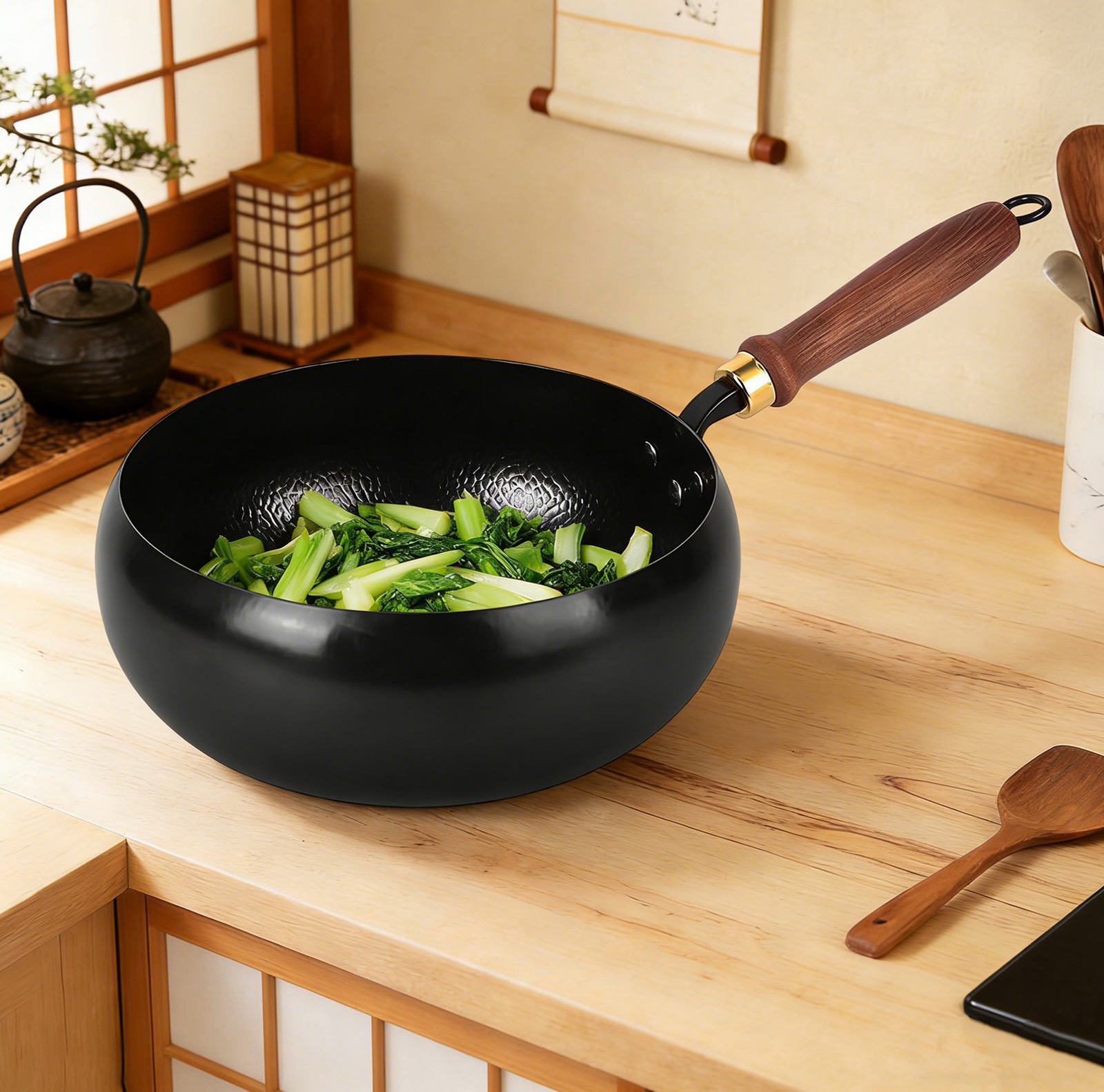 Iron Pan Uncoated Thick Iron Pot Quick Heating Wooden Handle for Gas Stoves 28cm