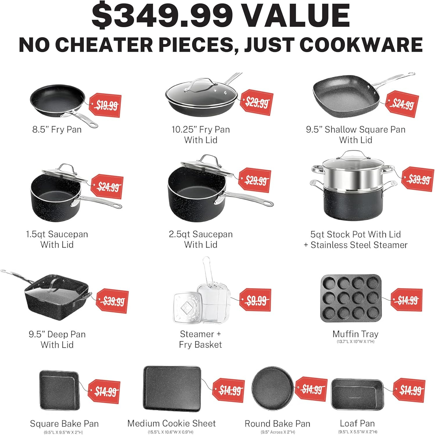 20-Piece Nonstick Cookware Set – Diamond Infused, Oven & Dishwasher Safe