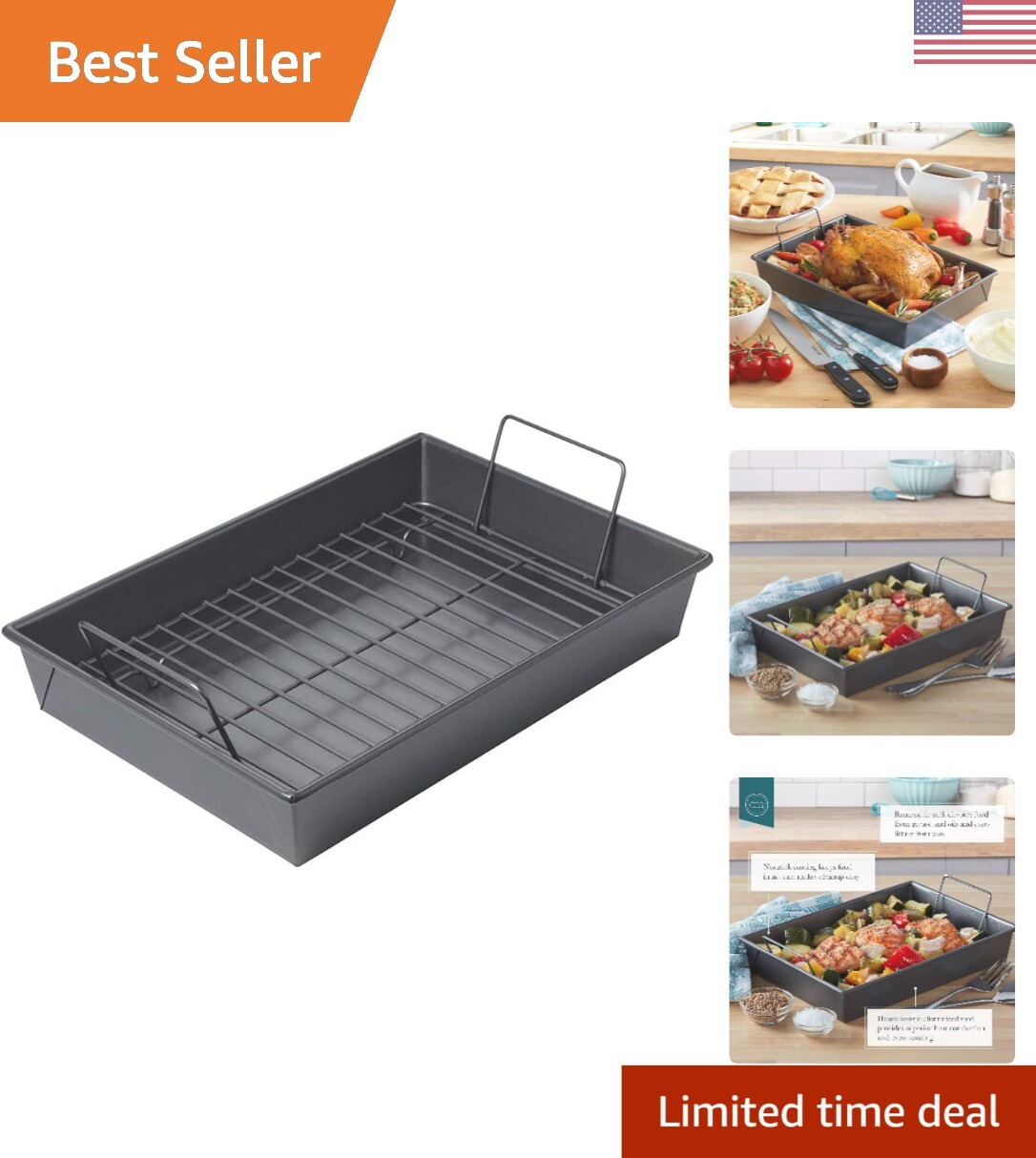 Non-Stick Roast Pan with Rack – 13×9 Inch – Heavy-Weight Aluminized Steel
