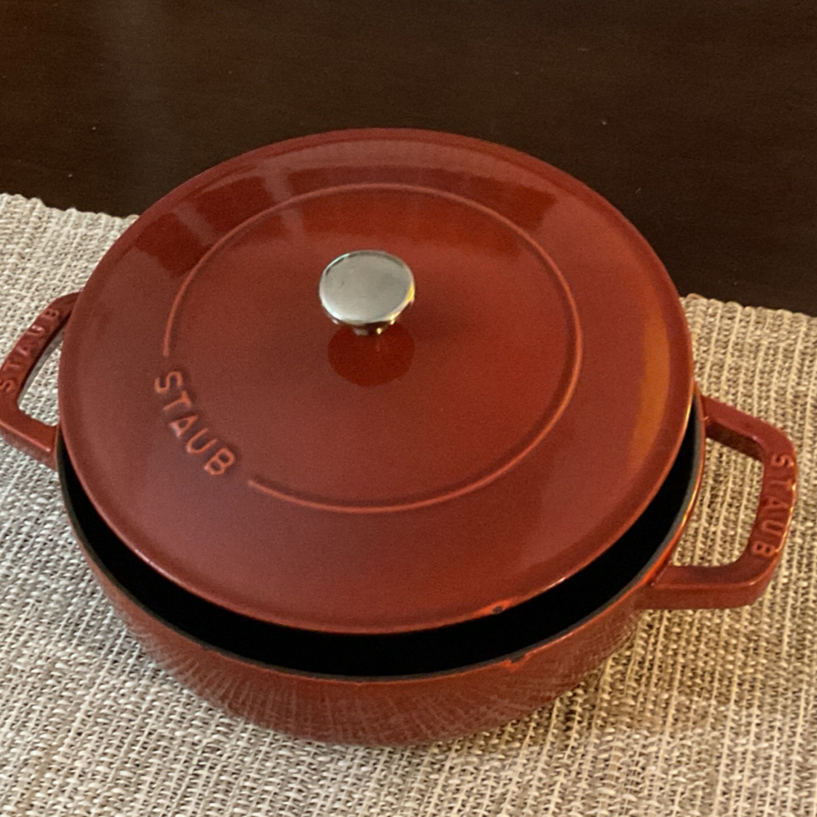 Staub Red Cast Iron Enamel Round Casserole with Lid Double Handle