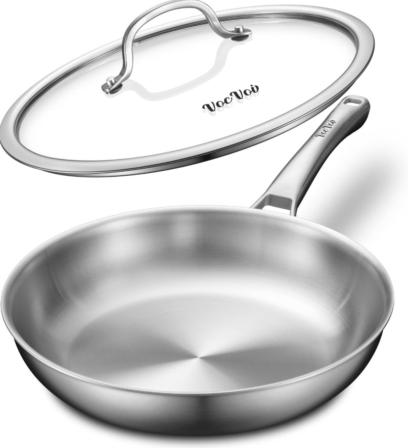 12″ Tri-Ply Stainless Steel Frying Pan w/ Lid Induction Oven Safe Skillet Chef