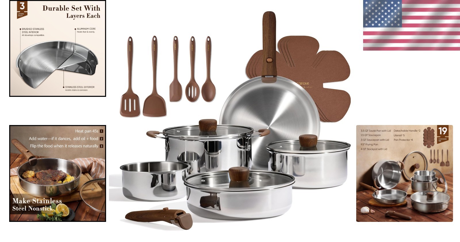 Stainless Steel Cookware Set 19pcs Detachable Handle Induction Oven Safe