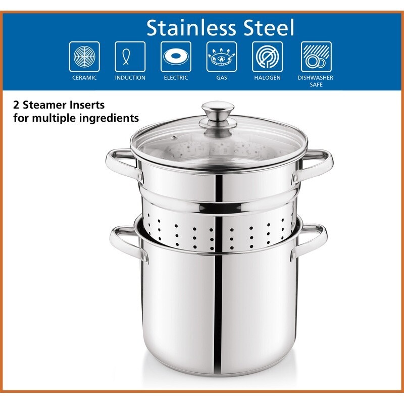 4 Piece Stainless Steel Multi Cooker Set W/ Glass Lid Steamer Colander Pot New