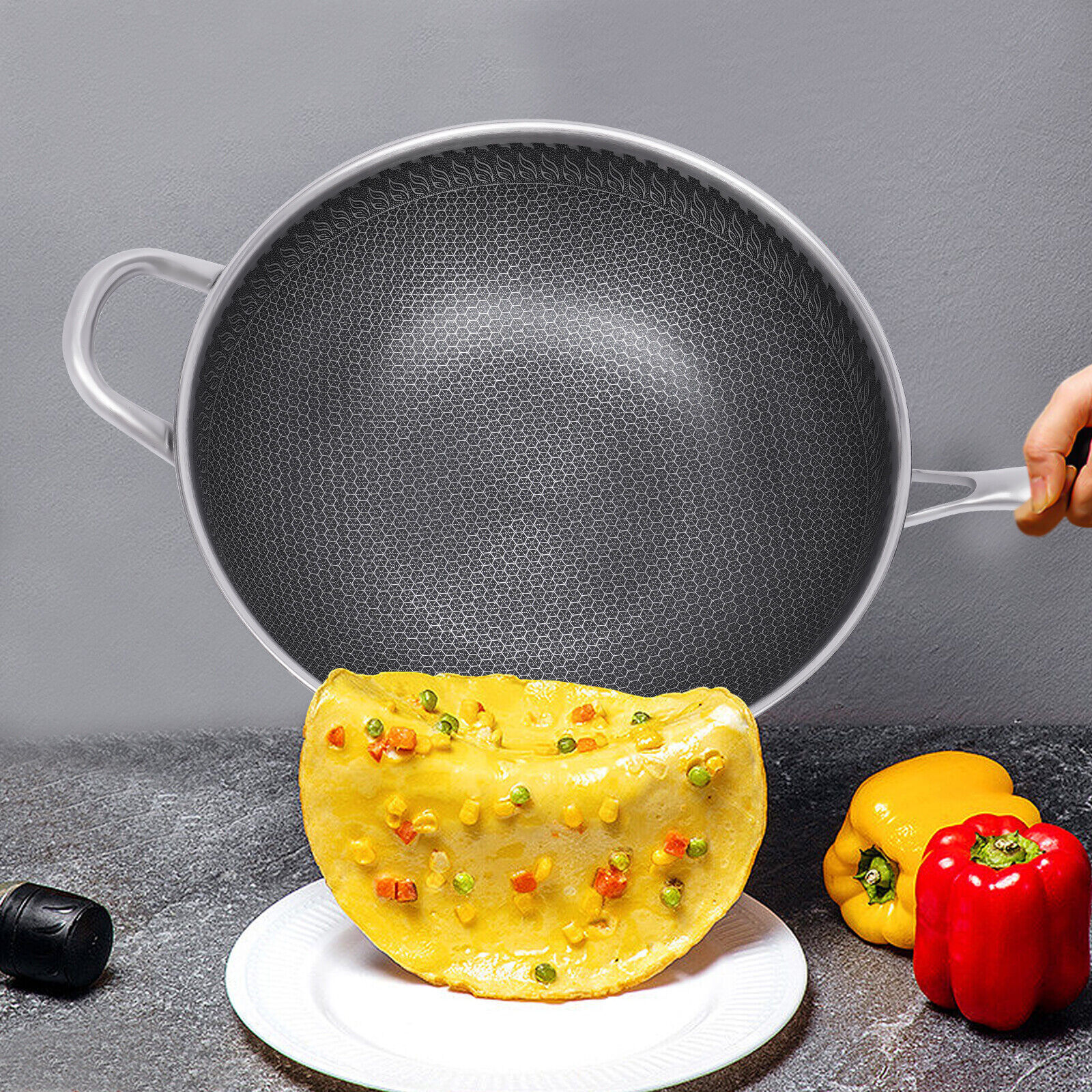 Non Stick Double Sided Honeycomb Cooking Frying Wok Pan with Lid Stainless Steel