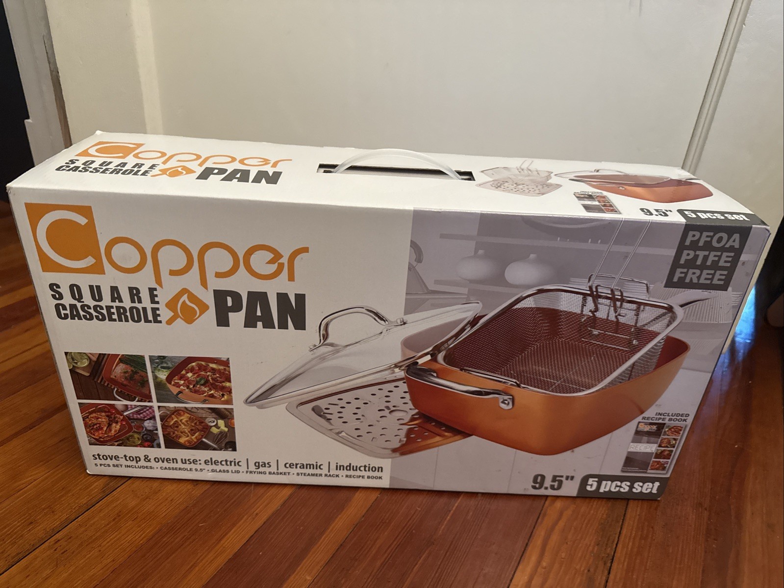 5 pc Copper Square Casserole 9.5″ Pan Frying Basket Steamer Rack Lid NIB