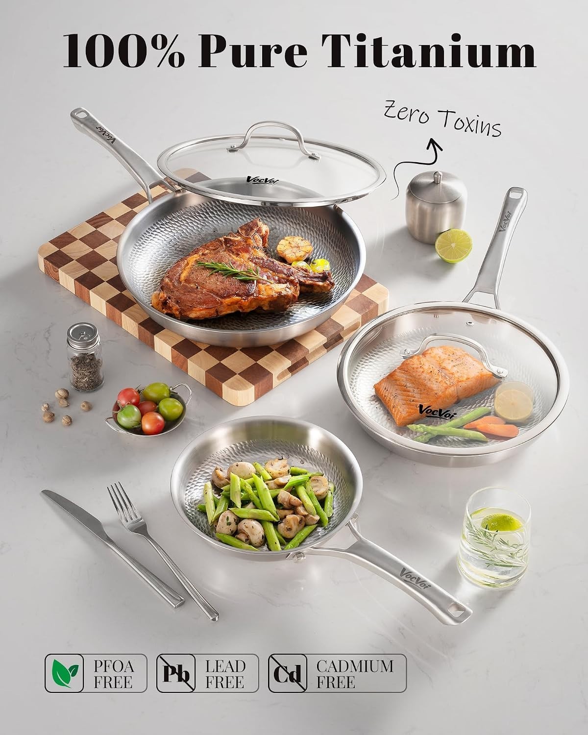 VocVoi Titanium Pan 12 Inch Hammered Frying Pan With Lid Induction