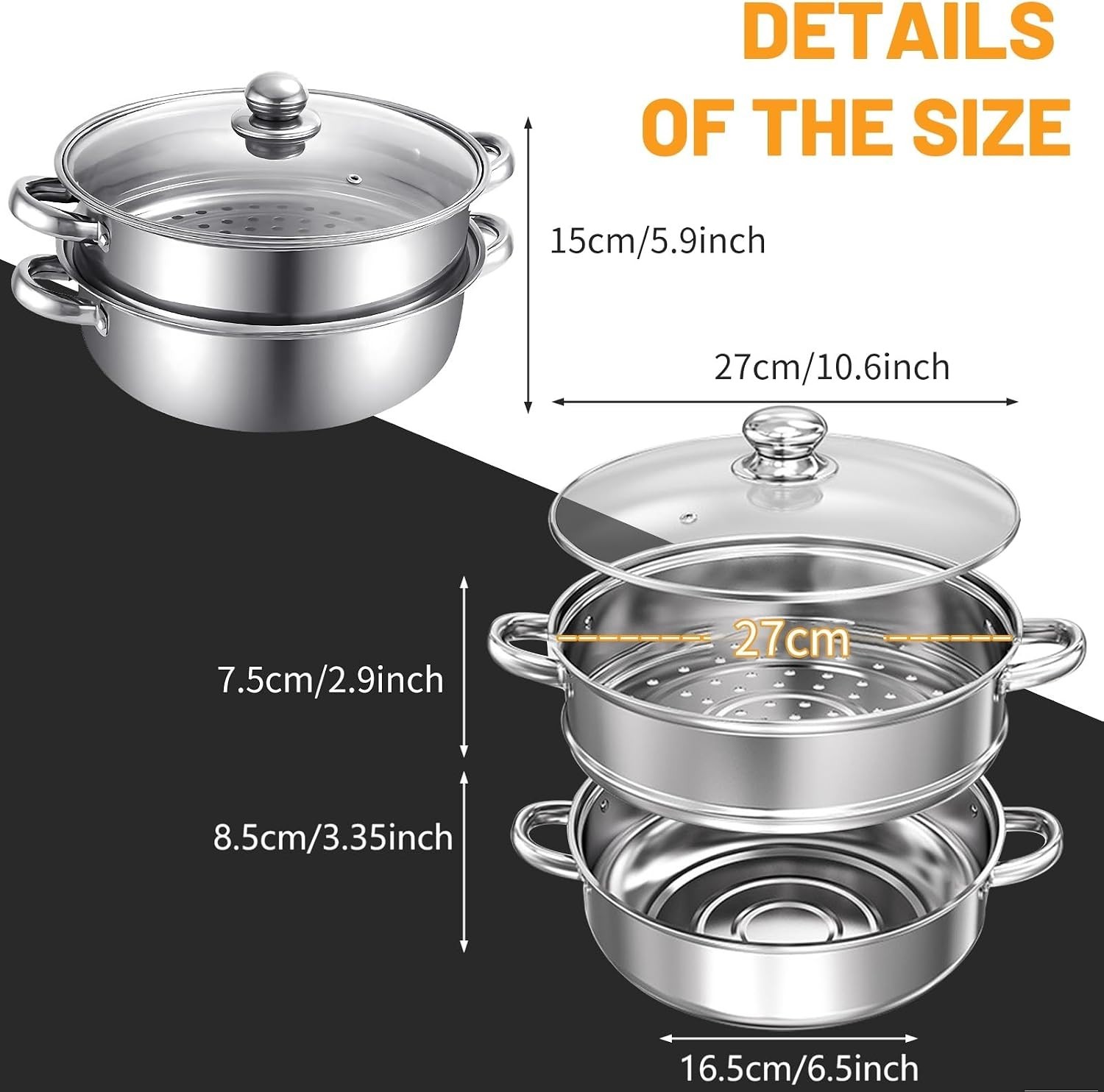 2-Tier 28cm 304 Stainless Steel Steamer Pot with Glass Lid,for Dumplings, Sea…