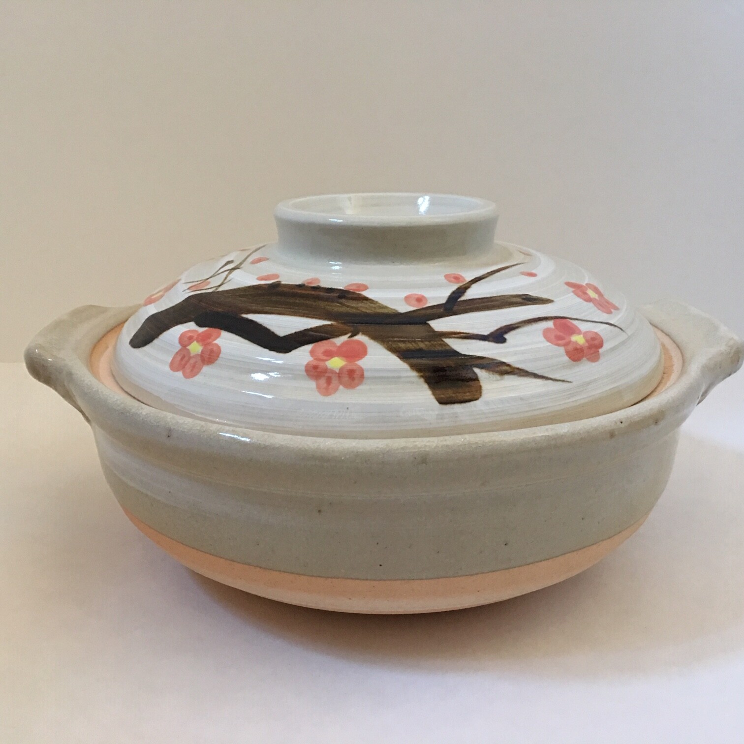 Japanese 7.5″D Earthenware Donabe Pot Lid Casserole Cherry Blossom Made In Japan