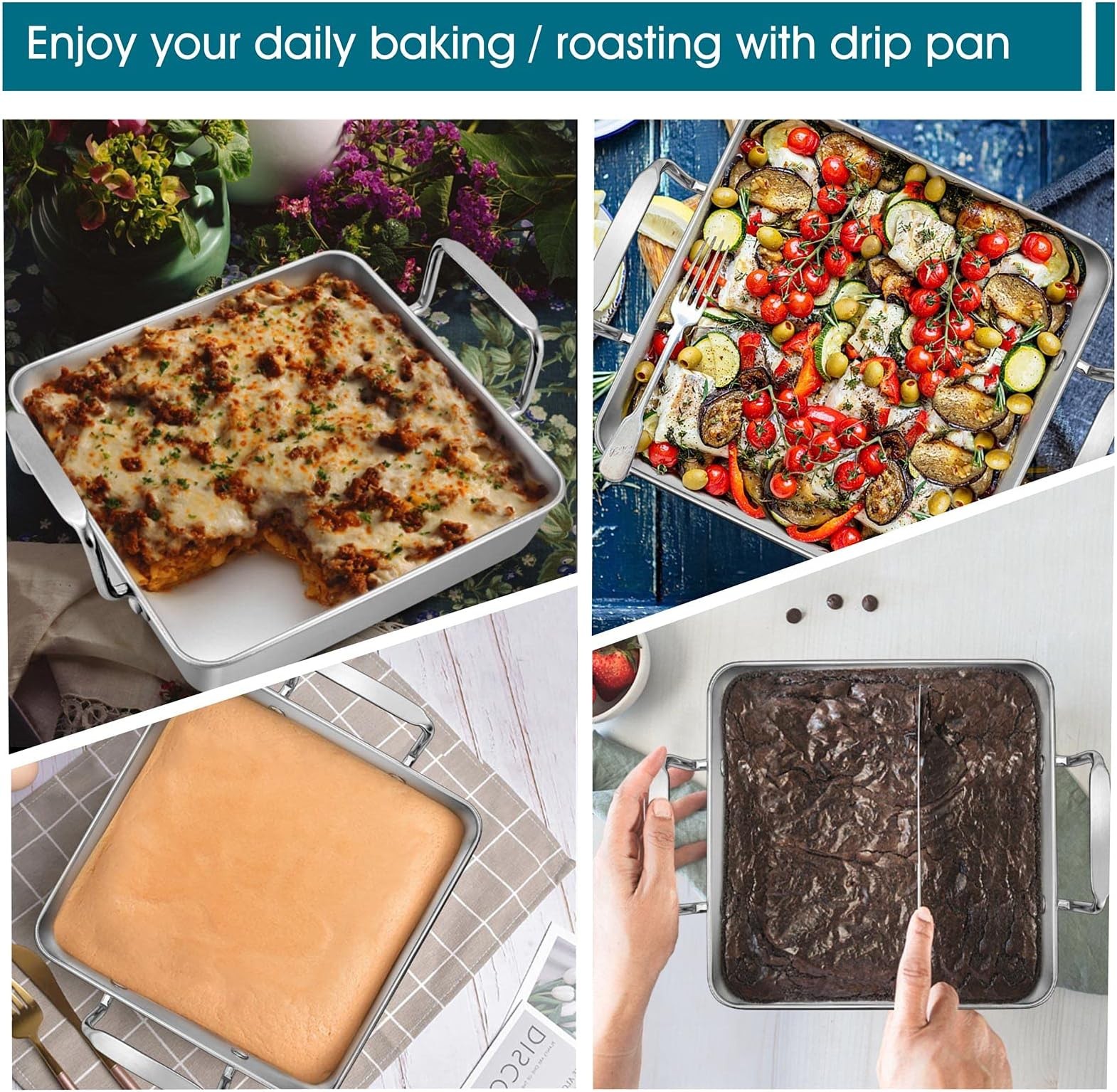 TeamFar Roasting Pan with Beer Can Chicken Holder, Drip Pan for Oven-2PCS | S…