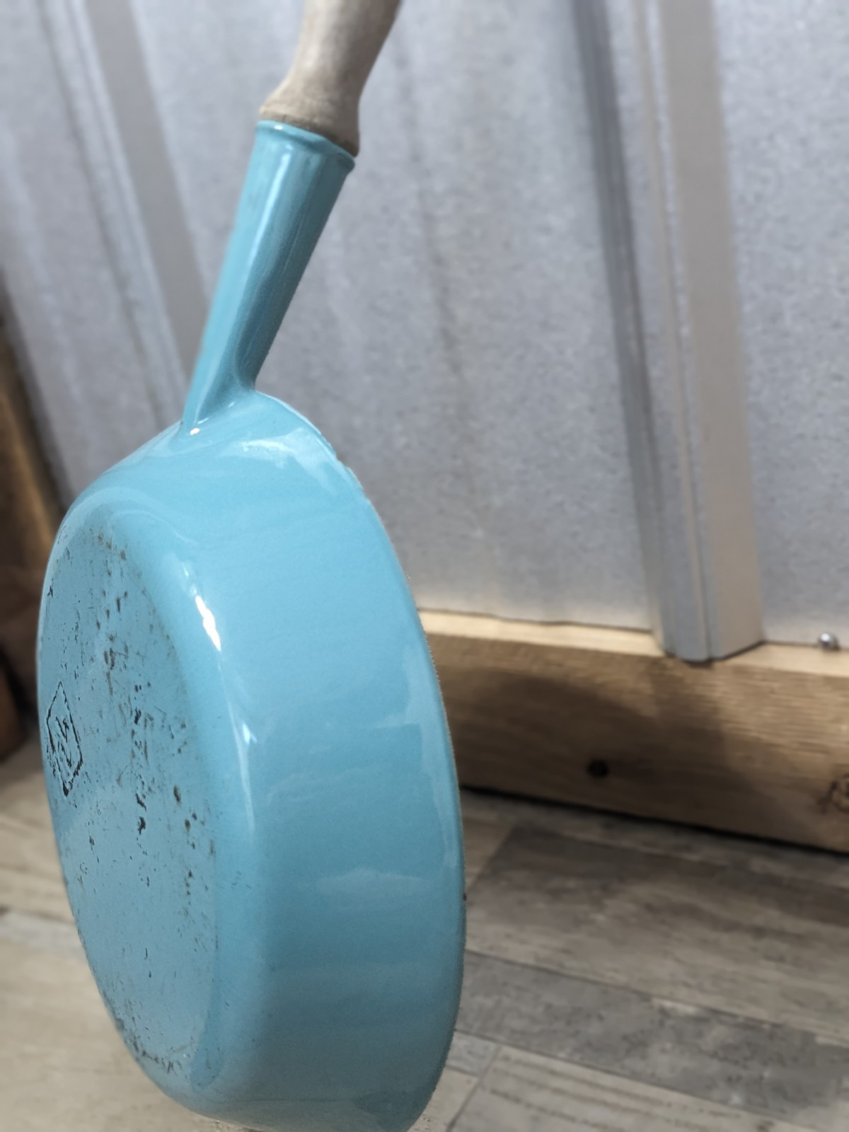 Le Creuset Teal Enamel Cast Iron Skillet Pan Wood Handle Made In France Vintage