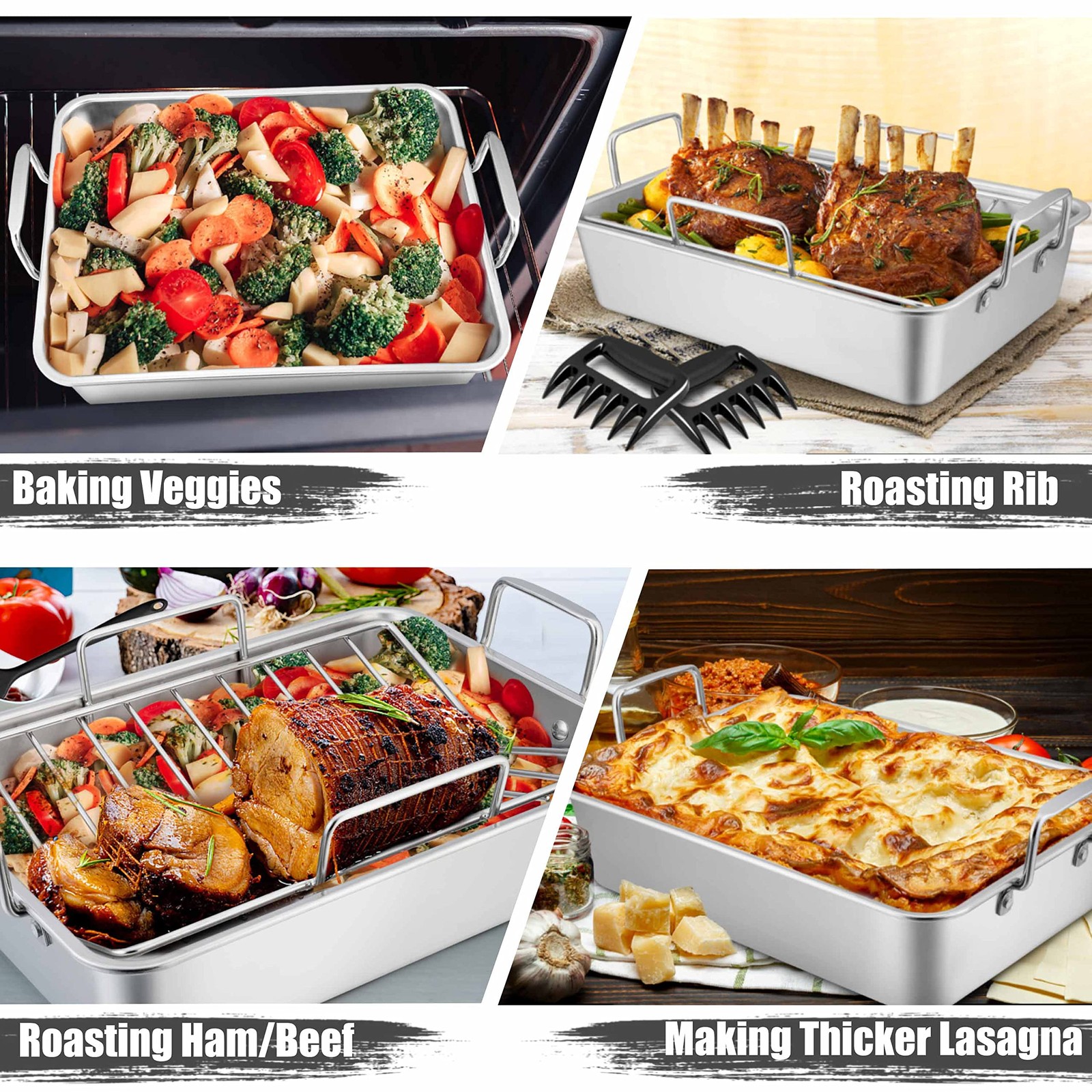 TeamFar Roasting Pan, Large Turkey Roaster Pan Stainless Steel Large, Silver