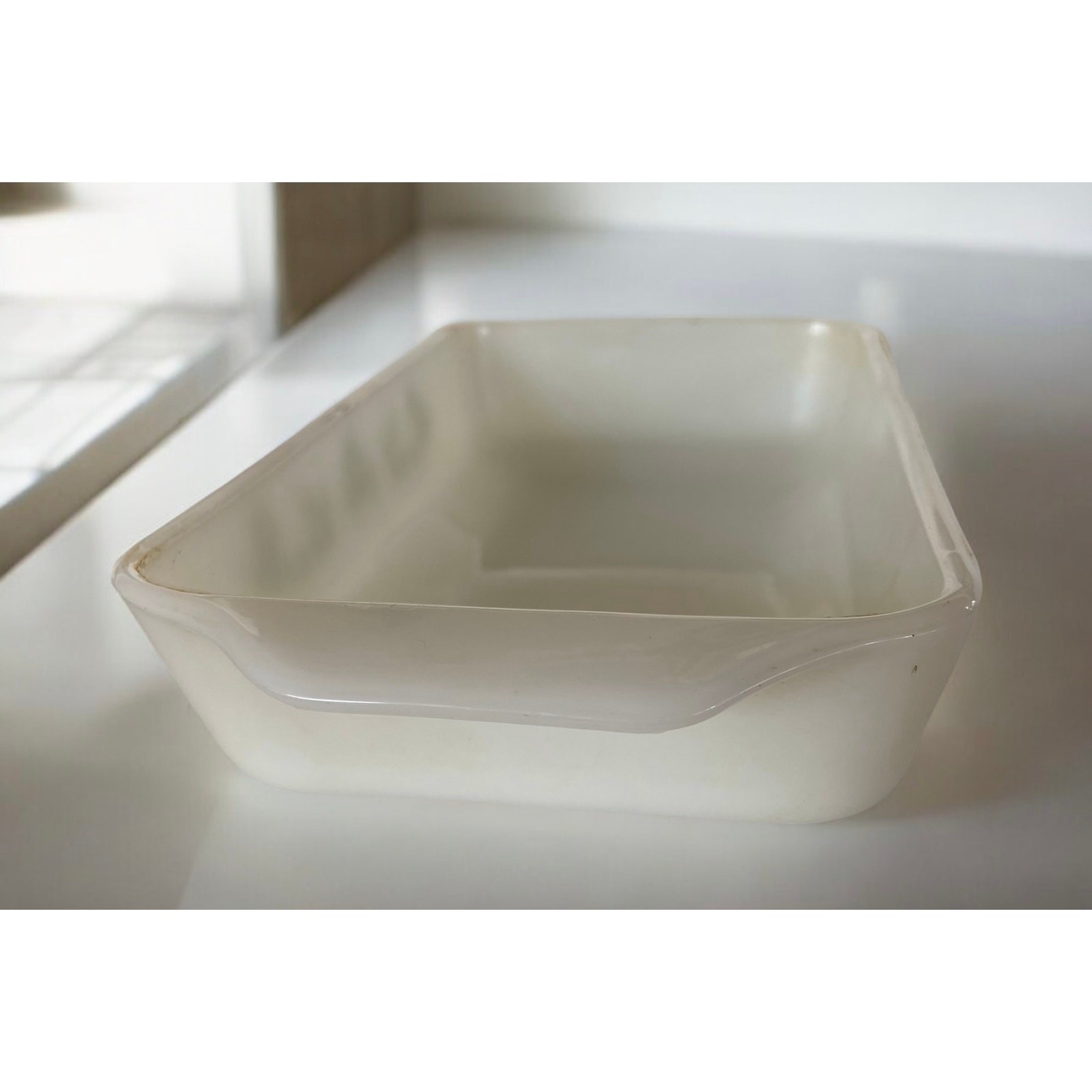 VINTAGE 70s Glasbake Green Floral Flower Print 1 QT Casserole Milk Glass Dish