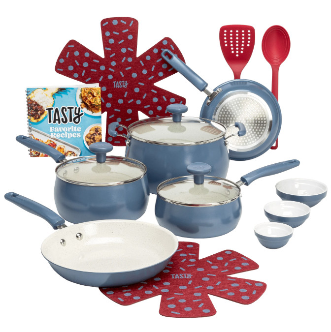 Tasty Clean Ceramic 16 Piece Non-Stick Aluminum Cookware Set, Slate Blue
