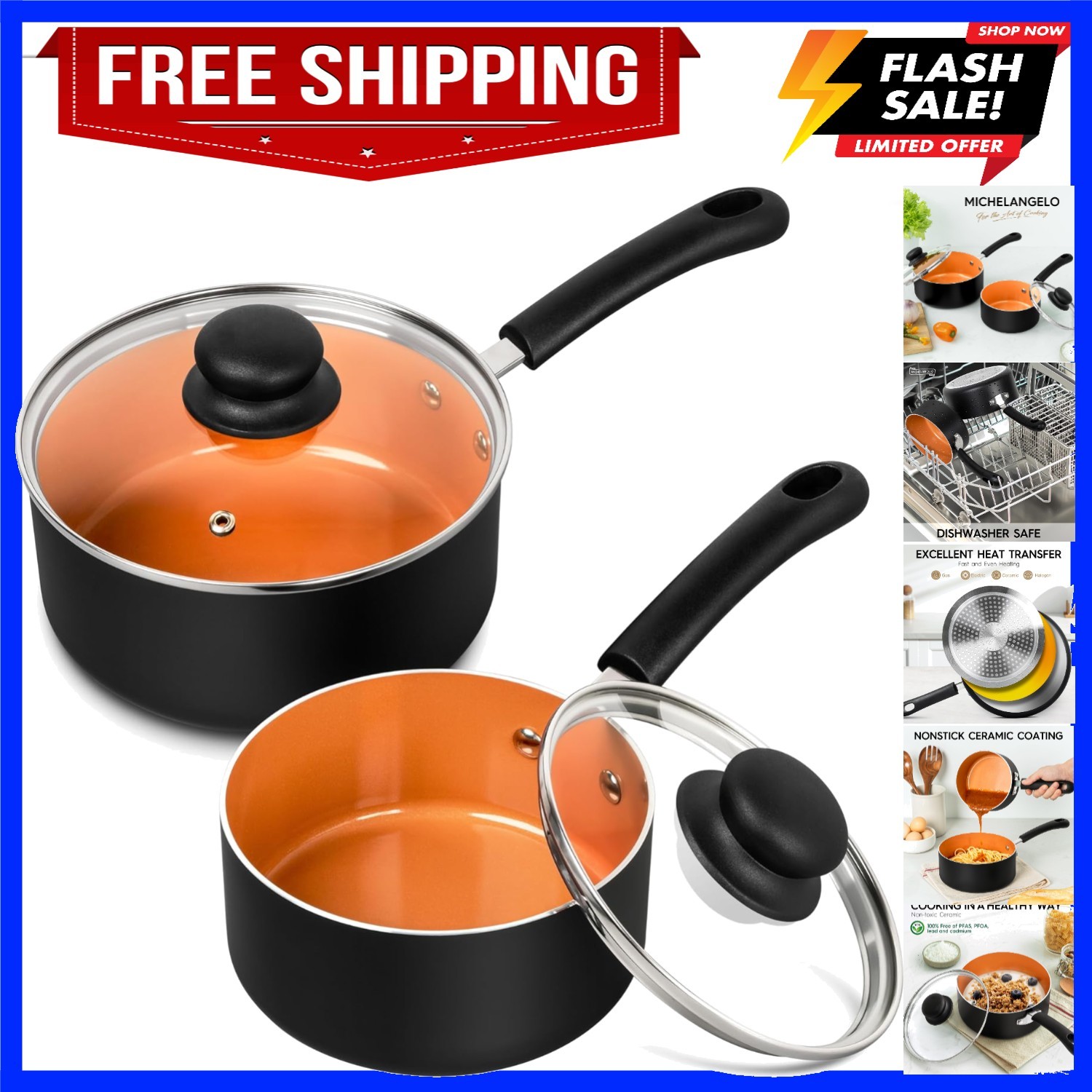 Nonstick Sauce Pan With Lid, 1QT&2QT Ceramic Saucepan, Copper Saucepans,PFAS-…