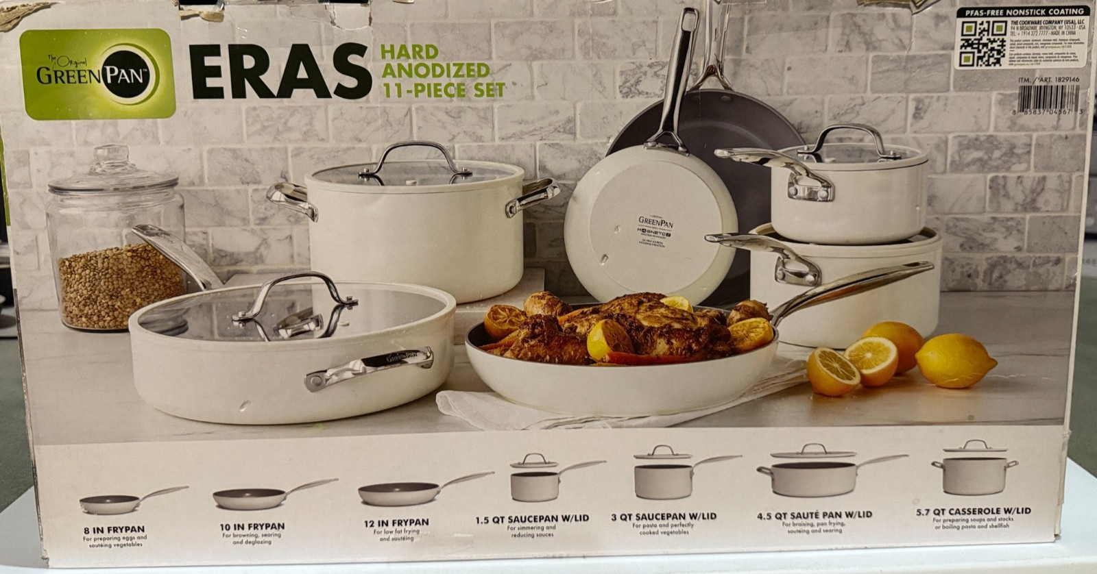 GREENPAN ERAS CERAMIC 11 PIECE COOKWARE SET WHITE USED