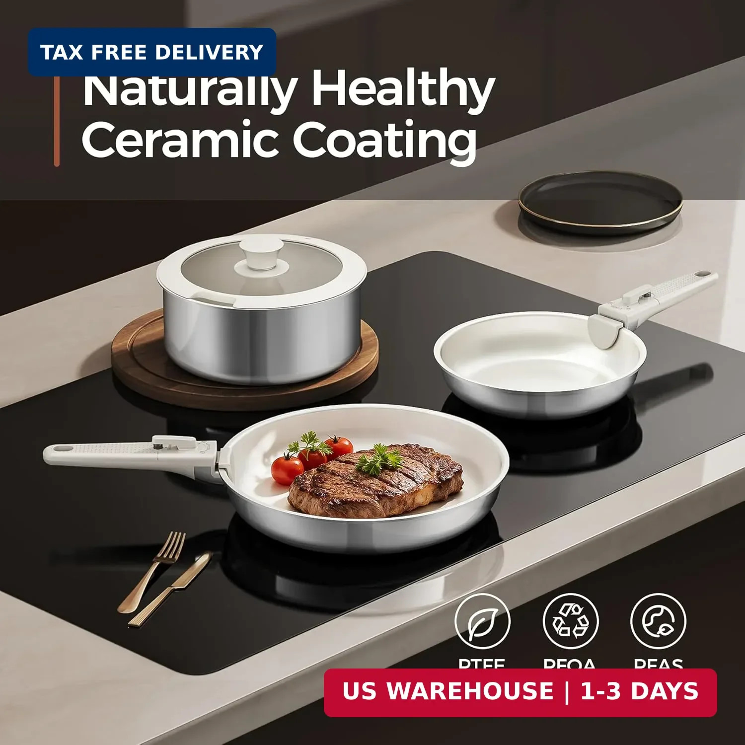 5PCS Pots and Pans Set Non Stick, Diamond-Titanium Ceramic Cookware Set & 3 Laye