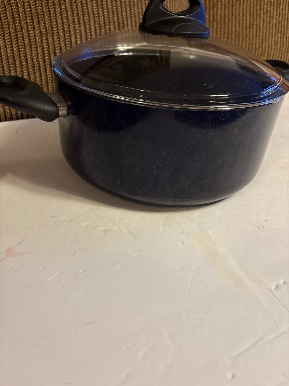 Megaware Rondine Ceramic Dark Blue 2 handle lg. pot pan halogen glass lid Italy