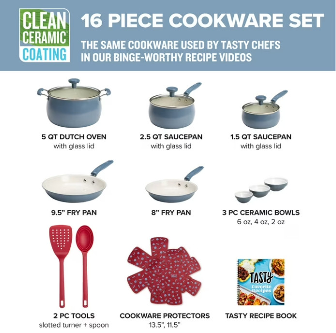 Tasty Clean Ceramic 16 Piece Non-Stick Aluminum Cookware Set, Slate Blue