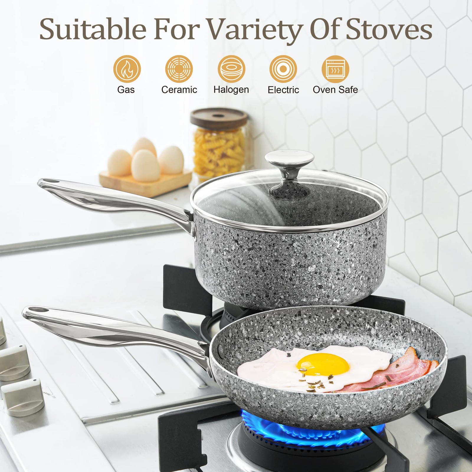 Stone Cookware Set 10 Piece, Ultra Nonstick Pots and Pans Set with Granite Co…