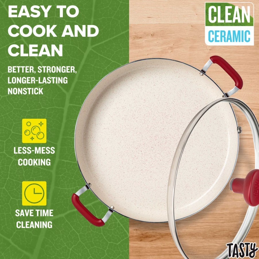 Tasty Clean Ceramic 13in Non-Stick Aluminum Centerpiece Sauté Pan with Glass Lid