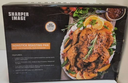 Sharper Image Roasting Pan Copper Coating 15 x 11″ Carving Knife Fork & Baster