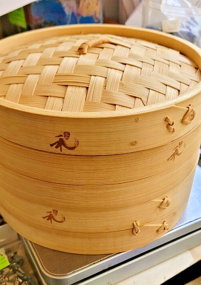 3 PC Joyce Chen 2-Tiered Bamboo Steamer with Woven Lid 8-in wide by 5″ tall New